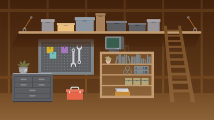 Basement Workshop Interior Illustration. Workspace