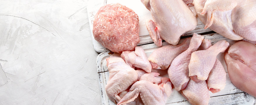 Different types of raw chicken meat