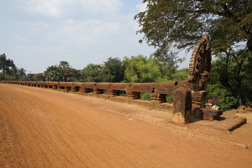 Siem Reap, Cambodia-January 12, 2019: Spean Praptos or Kampong Kdei Bridge in Cambodia used to be the longest corbeled stone-arch bridge in the world   © khunta