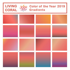 Set of trendy colorful gradients with living coral. Collection color of the Year 2019 fashion templates and backgrounds. Vector illustration for web, mobile, application, card. Abstract wallpaper 