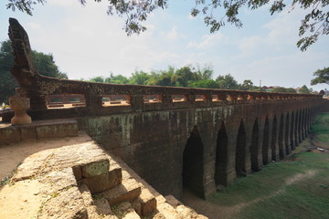 Siem Reap, Cambodia-January 12, 2019: Spean Praptos or Kampong Kdei Bridge in Cambodia used to be the longest corbeled stone-arch bridge in the world   © khunta