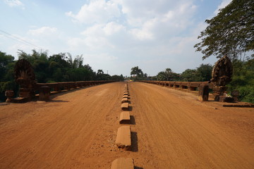 Siem Reap, Cambodia-January 12, 2019: Spean Praptos or Kampong Kdei Bridge in Cambodia used to be the longest corbeled stone-arch bridge in the world   © khunta