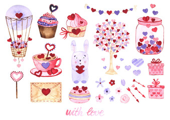 Watercolor set for Valentine's day. 
