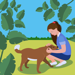 girl petting a dog under the trees in a flat style