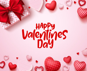 Valentines day vector background template. Happy valentines day text in white space with red hearts and gift elements. Vector illustration. - obrazy, fototapety, plakaty
