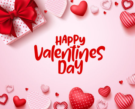 Valentines day vector background template. Happy valentines day text in white space with red hearts and gift elements. Vector illustration.