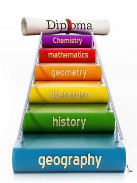 School course books forming a staircase through a diploma. 3D illustration