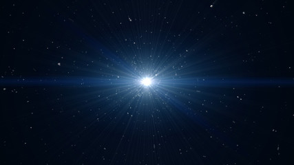 Blue background, digital signature with wave particles, sparkle, veil and space with depth of field. The particles are white light lines.