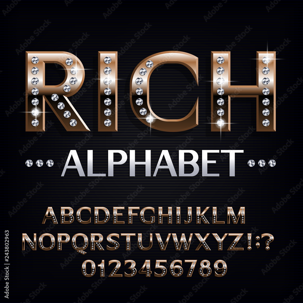 Fototapete rich alphabet font. ornate golden letters and numbers with diamond gemstones. stock vector typescrip