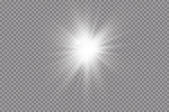 White glowing light explodes on a transparent background. with ray.  Transparent shining sun, bright flash. The center of a bright flash.
