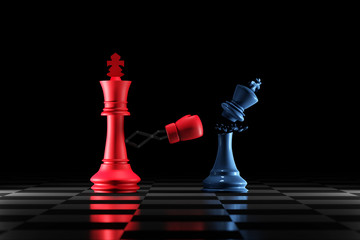 3D Rendering : illustration of red king chess punching or striking a blue king chess piece. business success in 2019 new year. time for change. knock out business enemy. business winning concept.