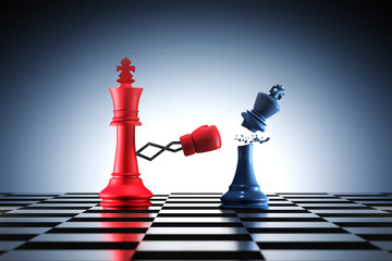 3D Rendering : illustration of red king chess punching or striking a blue king chess piece. business success in 2019 new year. time for change. knock out business enemy. business winning concept.
