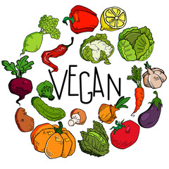 Background contour consisting of vegetables and fruit icons arranged in a circle