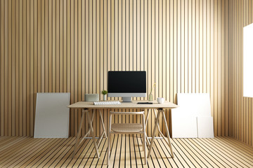 3D Rendering : illustration of modern interior Creative designer office desktop with PC computer. mock up working place. light from outside. loft cement wall background. clipping path included
