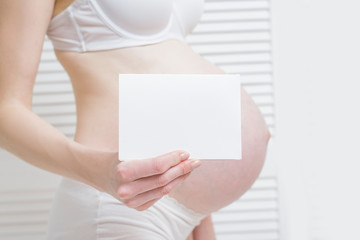 Pregnant woman is holding a white blank sheet. Belly on the back