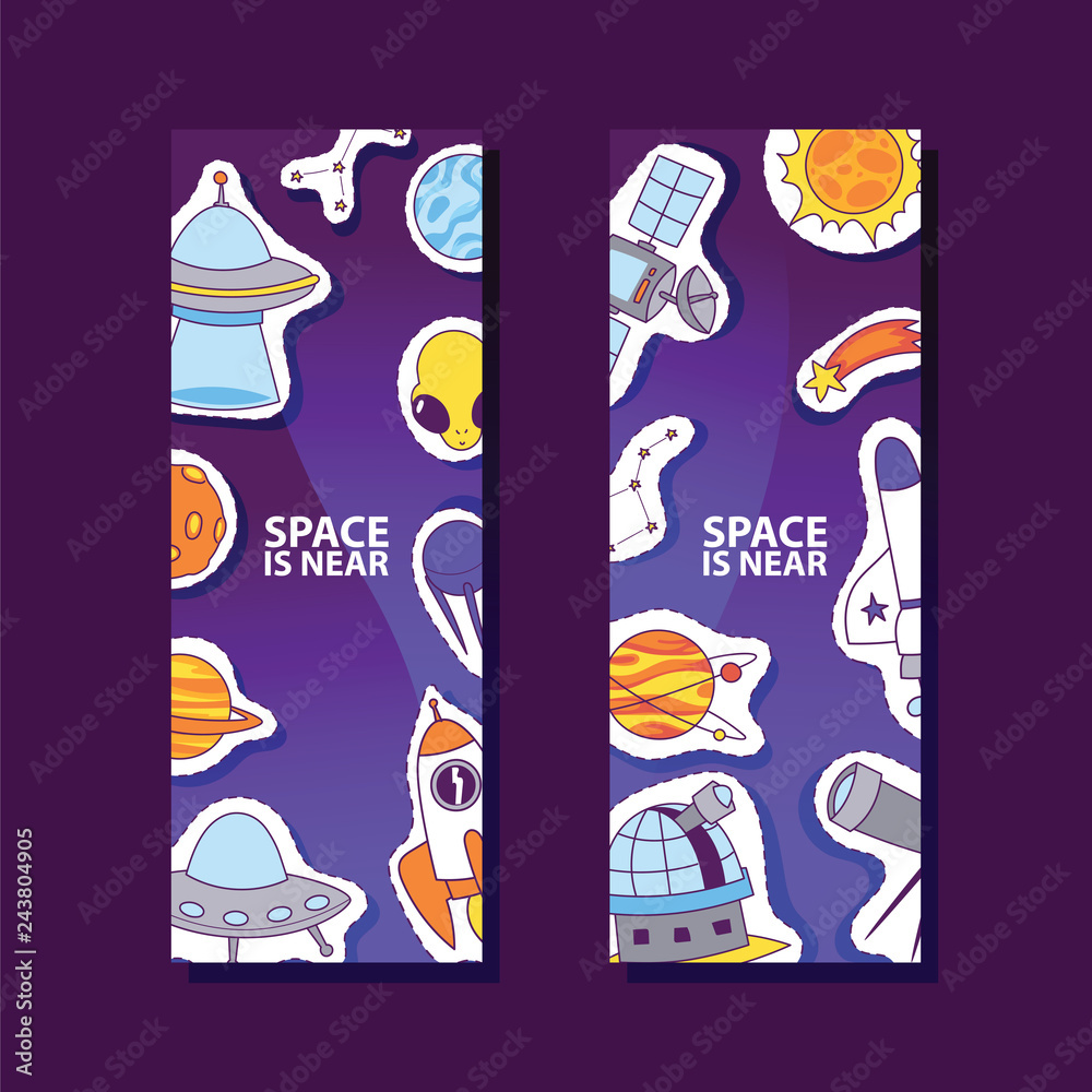 Wall mural space and planets stickers. space is near poster, banner. cartoon patches background. exploring univ