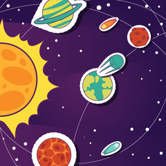 Space cartoon background with objects, comets, stars, sun and planets vector illustration. Exploring universe banner, poster for cosmic party or for space exploration program.