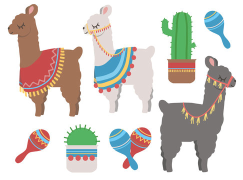 Cute colorful cartoon lama with cactus and mexican rumba shaker graphic design illustration set