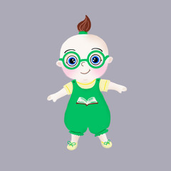 Cute doll with big eyes with glasses, in a green overalls. Book icon. Brunette. Blue eyes.