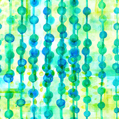 A seamless watercolor repeat print with teal blue and green beads garlands on a vibrant patchwork pattern