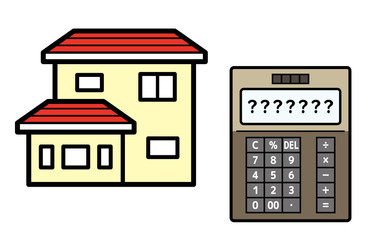 家の保険、住宅ローン、生活費のイラスト（家と電卓）