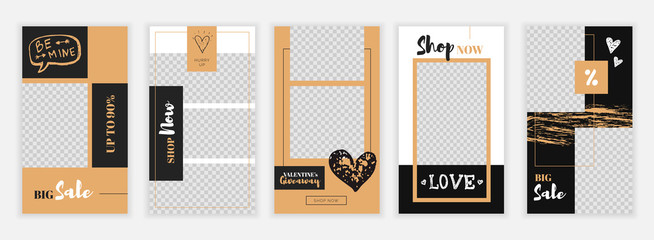 Modern flat Valentine's Day Instagram stories template in gold colors, for blog and sales, web online shopping banner concept.Minimalistic geometric trendy sale app screens