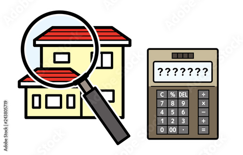 家の査定 見積もりのイラスト 家と虫眼鏡と電卓 Wall Mural 深澤カラス