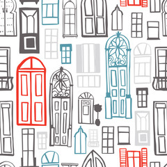 Hand drawn doors and windows .  Vector  seamless pattern