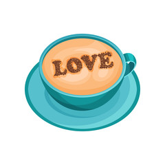 Blue mug of coffee with drawing of word Love on foam of cinnamon powder. Latte art. Delicious drink. Flat vector icon
