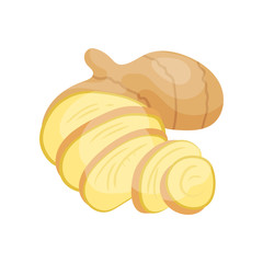 Sliced ginger root. Natural food. Organic product. Healthy nutrition. Cooking ingredient. Detailed flat vector icon