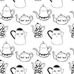 Seamless pattern with  tea and coffee pots. Winter drinks. Art can be used for a restaurant menu, coffee shop and cafe. Black linear illustration of silhouette.