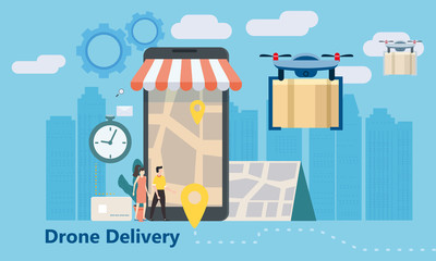 Concept of delivery of the drone flies with the mail, the delivery of parcels. Tiny people stand near a huge smartphone, order a product, a stopwatch. Landing, online delivery service, tracking online