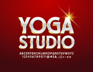 Vector Stylish emblem Yoga Studio. Elegant White and Golden Alphabet Letters, Numbers and Symbols. Bright 3D Font. 