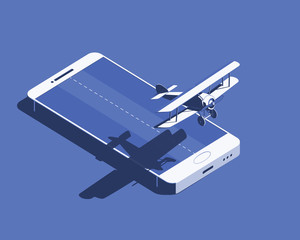 Airline plane with smart phone. Flying from display of smartphone with shadow. Isometric illustration for different projects about airplanes