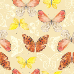Seamless pattern with multicolored watercolor and graphic butterflies.