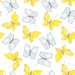 Seamless pattern with butterflies on white background.