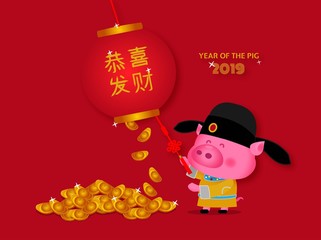Cute pig with yuanbao gift for 2019.vector illustrator