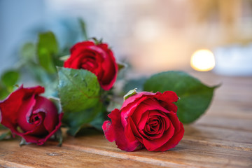 Red roses flower on wooden table with blur background
