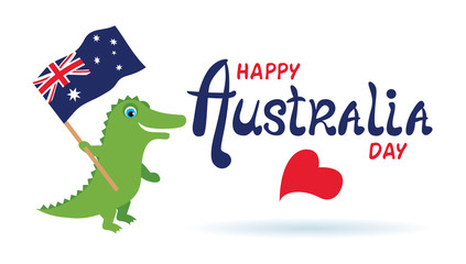 Happy Australia Day lettering. Greeting card with cute crocodile holding flag of Australia. Vector image.