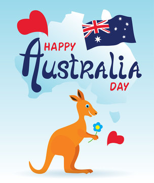 Happy Australia Day lettering. Greeting card with cartoon kangaroo. Flag of Australia. Vector image. 