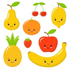 Cute bright colors of fruits vector collections. Set of fruits are apple, lemon, banana, orange, pineapple, mandarin, cherries, strawberry, and pear. kawaii