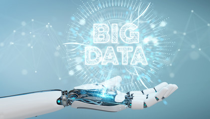 White humanoid hand using Big Data digital hologram 3D rendering