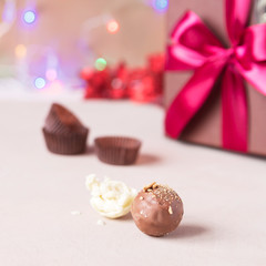 Chocolate and heart on St. Valentine's day love. The concept of postcards for lovers. Close up. Selective focus.