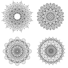 Set of four black and white mandalas. Vector mandala. Set of vector mandalas. 