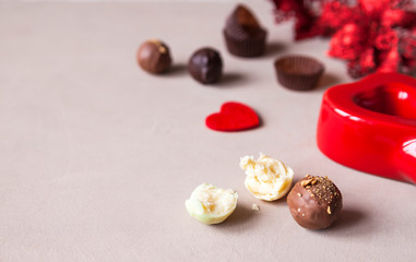 Chocolate and heart on St. Valentine's day love. The concept of postcards for lovers. Close up. Selective focus.