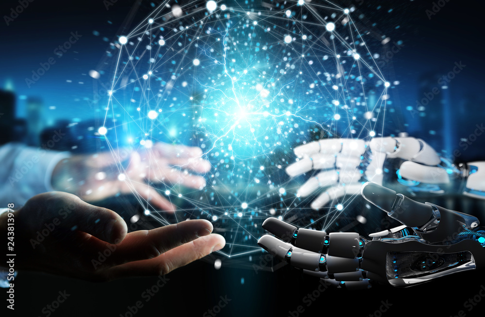 Fototapete robot hand and human hand touching digital sphere network on dark background 3d rendering