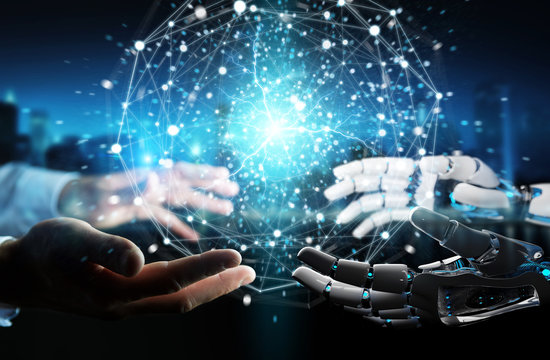 Robot hand and human hand touching digital sphere network on dark background 3D rendering