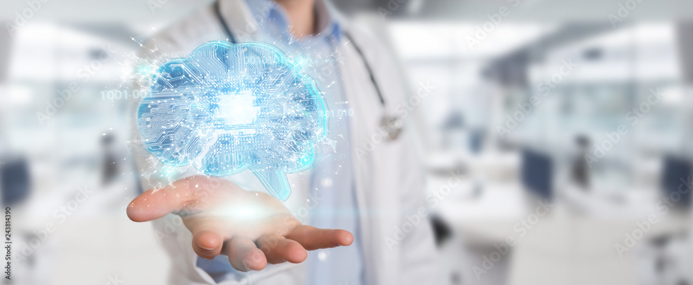 Poster doctor creating artificial intelligence interface 3d rendering