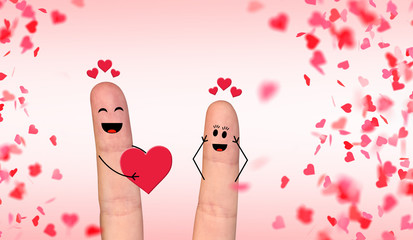 Happy finger couple in love celebrating Valentine’s day