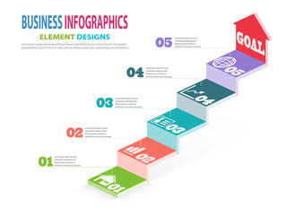 Infographics business template with steps for Presentation, Sale forecast, Web design, Improvement, Step by Step